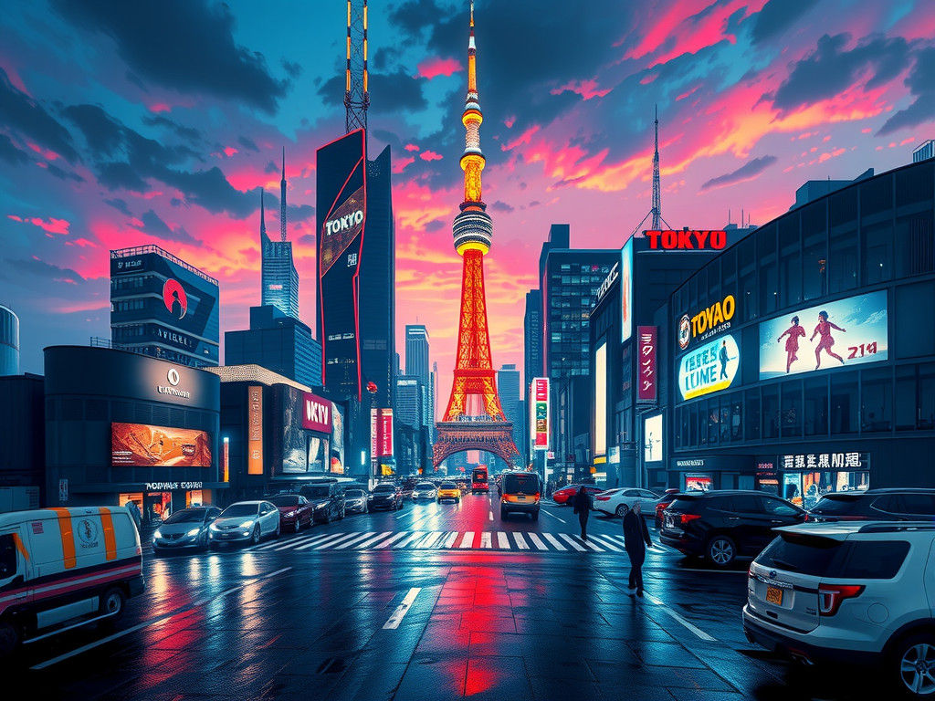 Tokyo Night Skyline in Futuristic Neon-Noir Style