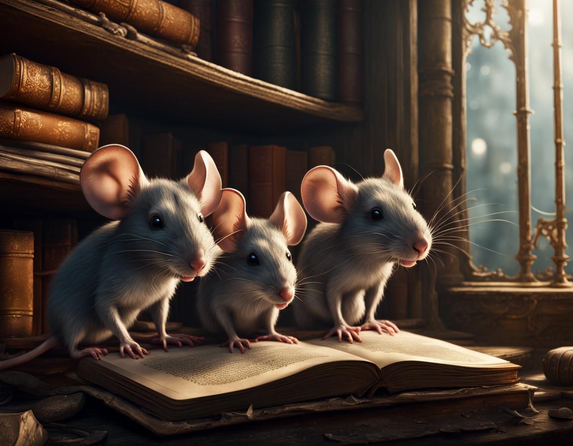 three little mice have climbed on to a book shelf in an abandoned library.