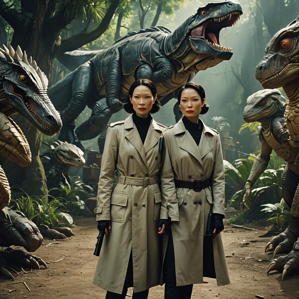 Cinematic Still of Bizarre Characters in a Dramatic Setting