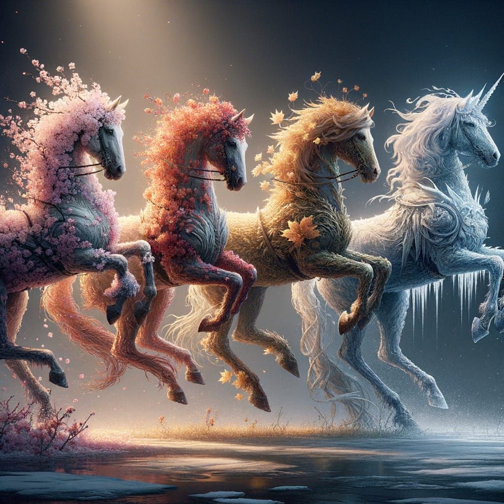 Mystical Seasonal Riders in Dreamlike Oil Painting