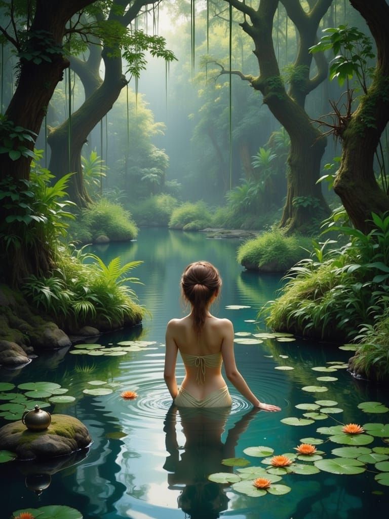 Woman in Lush, Mystical Water Scene