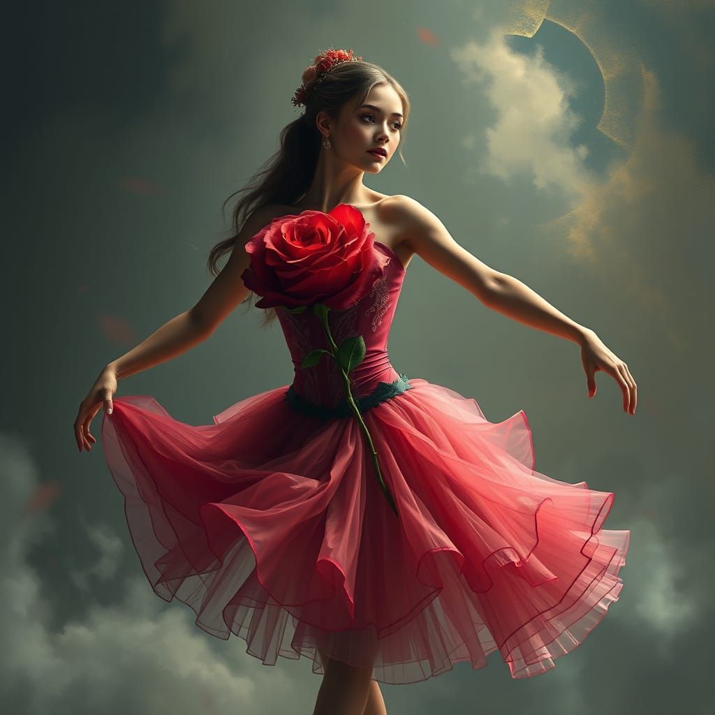 Ballerina Adorned with Rose in Dramatic Digital Painting