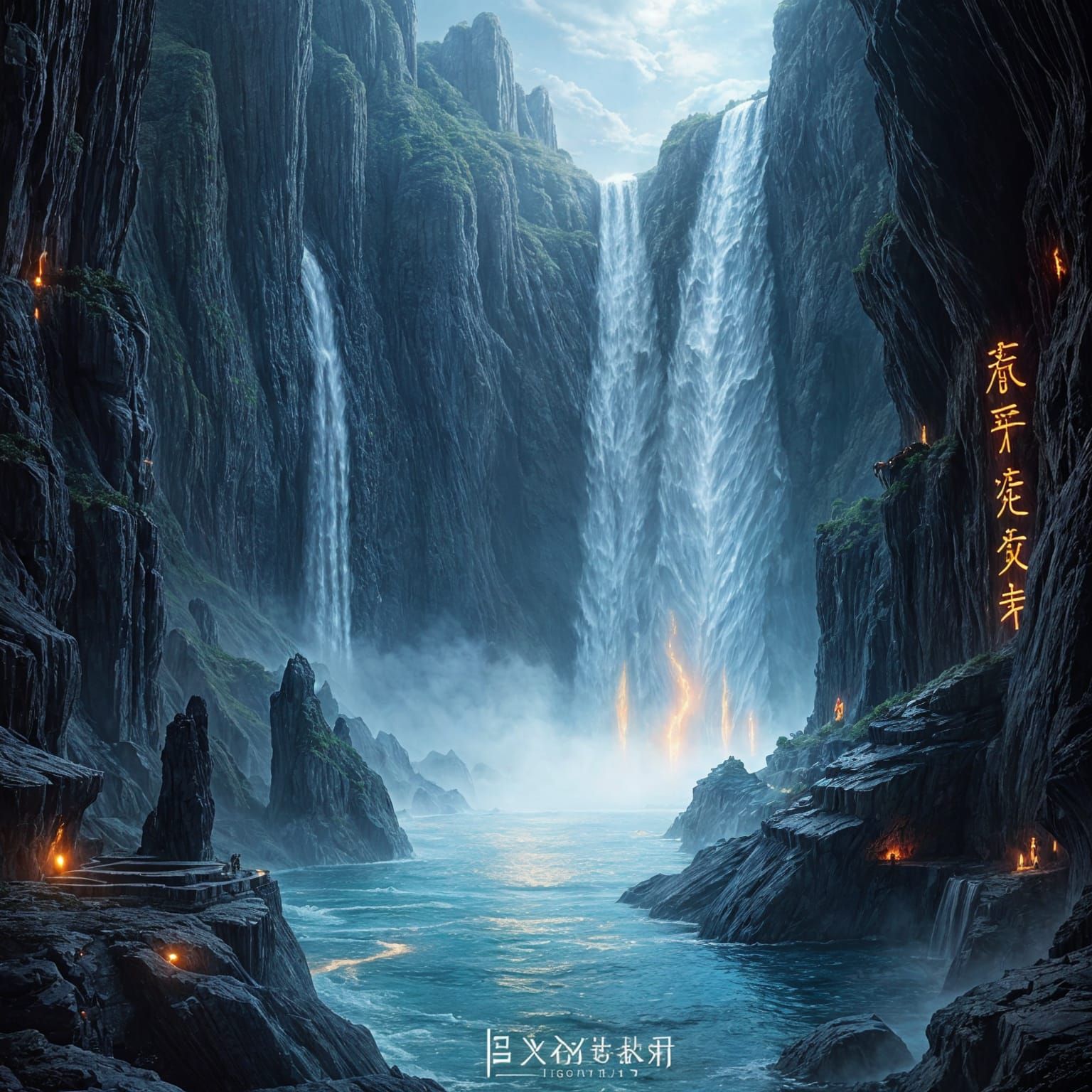 Mystical Waterfall Concept Art in Fantasy Style