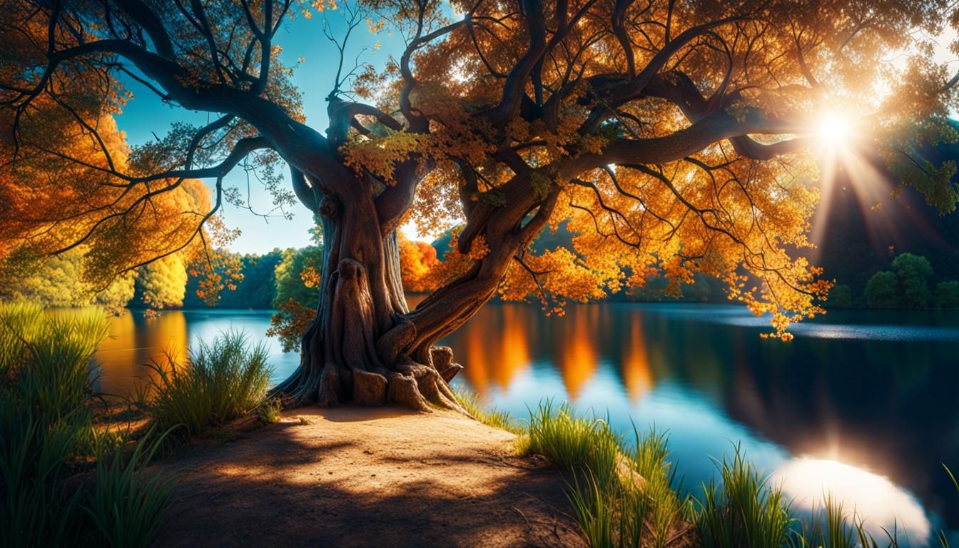 Lake Tree: Summer to Autumn, Hyperrealistic HDR