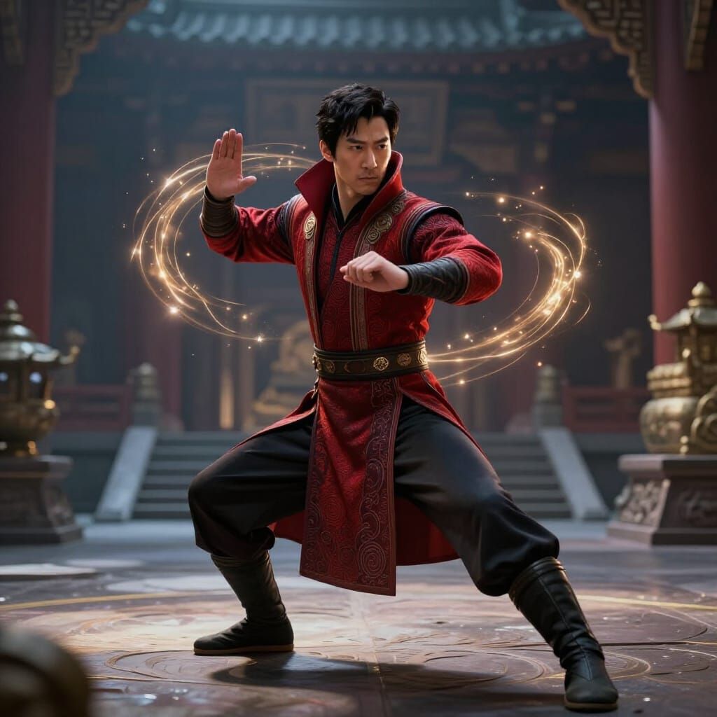 Shang-Chi in Temple Courtyard With Golden Energy Rings