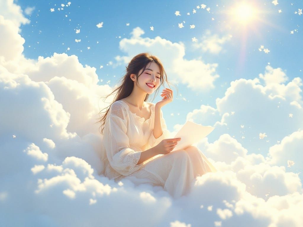 Serene Japanese Actress Reads in Heavenly Bliss