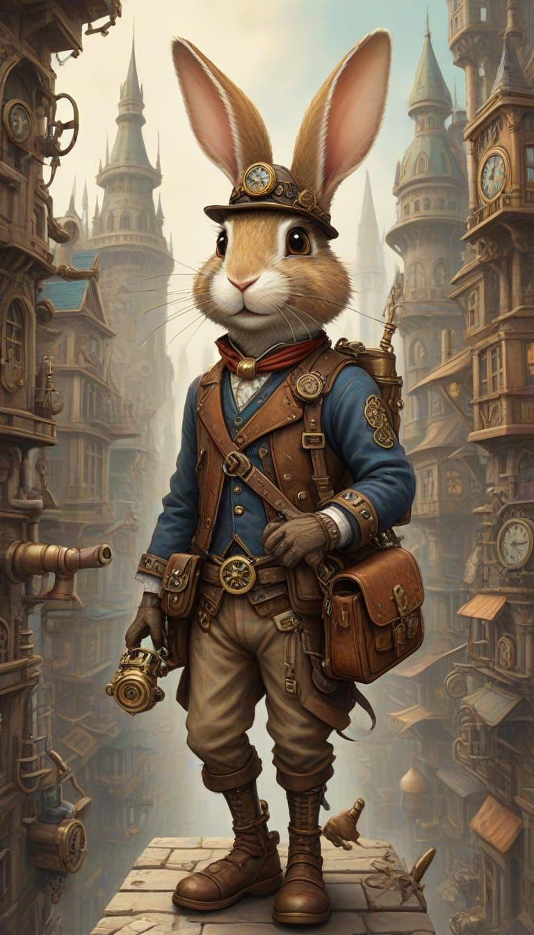 Whimsical Rabbit Steampunk Explorer in Clockwork City
