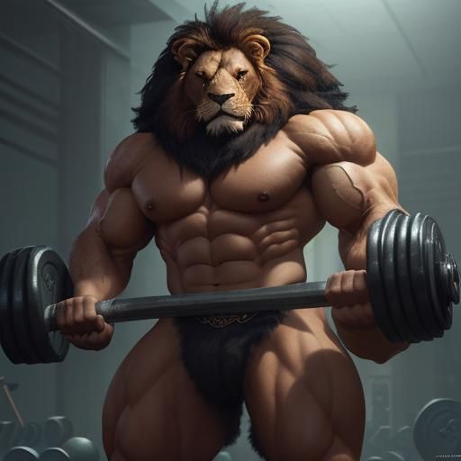 Muscular Furry Lion Lifting Weights: Fantasy Concept Art