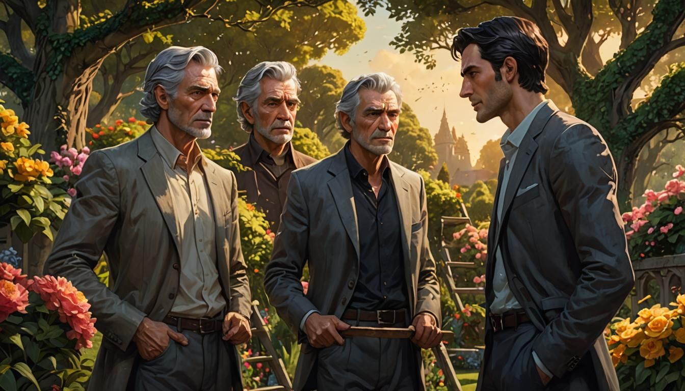 Generational Clash in a Lush Garden Portrait