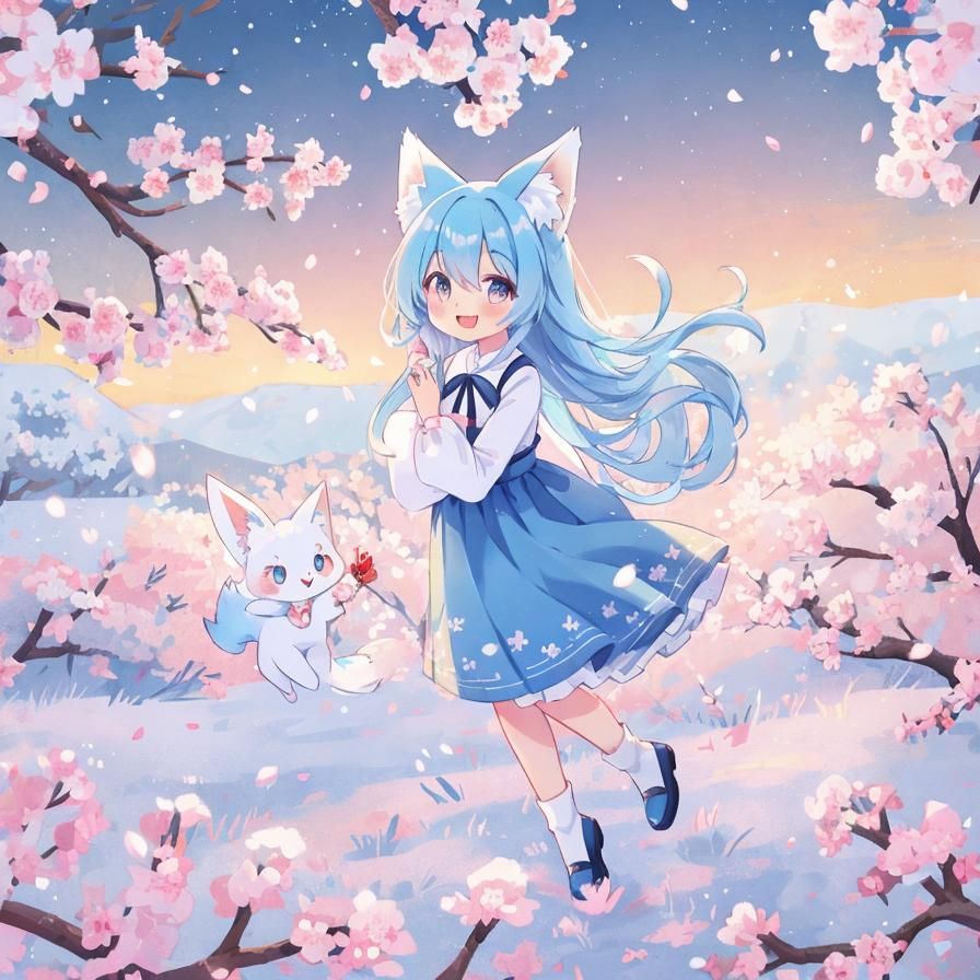 Anime Fox-Girl in Cherry Blossom Snowstorm