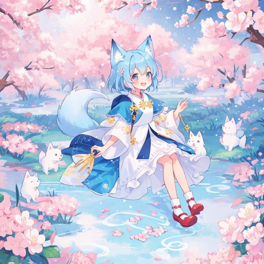 Anime Girl with Fox Ears in Cherry Blossom Snowstorm