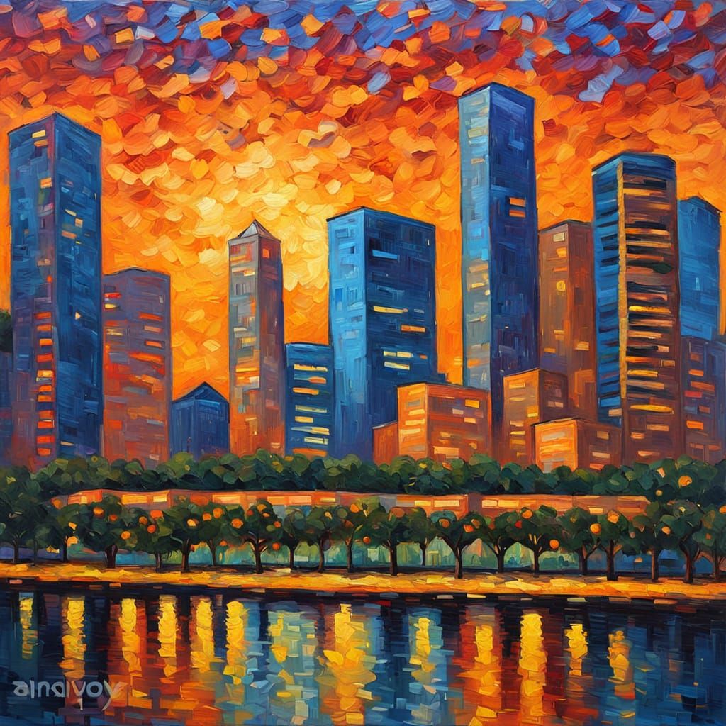 Houston Cityscape Oil Painting in Expressionist Style