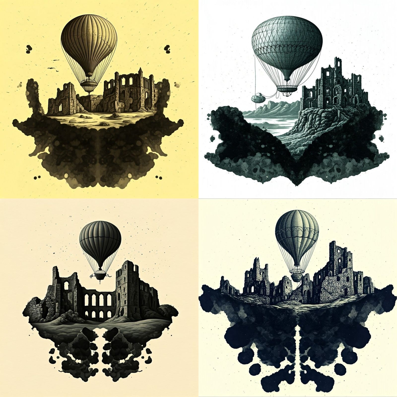 Ink Splatter Rorschach Art: Air Balloon Over Castle