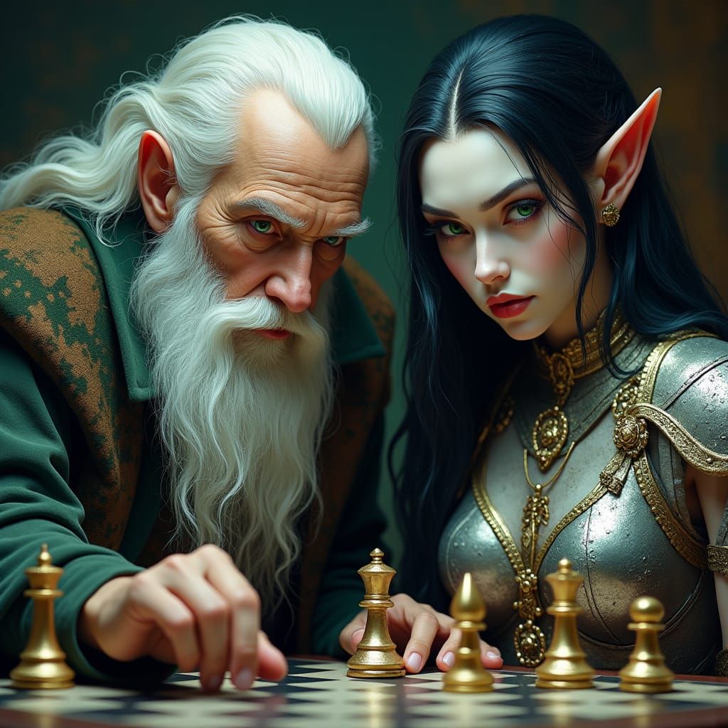 Mage vs. Queen Chess Match in Dark Fantasy Style