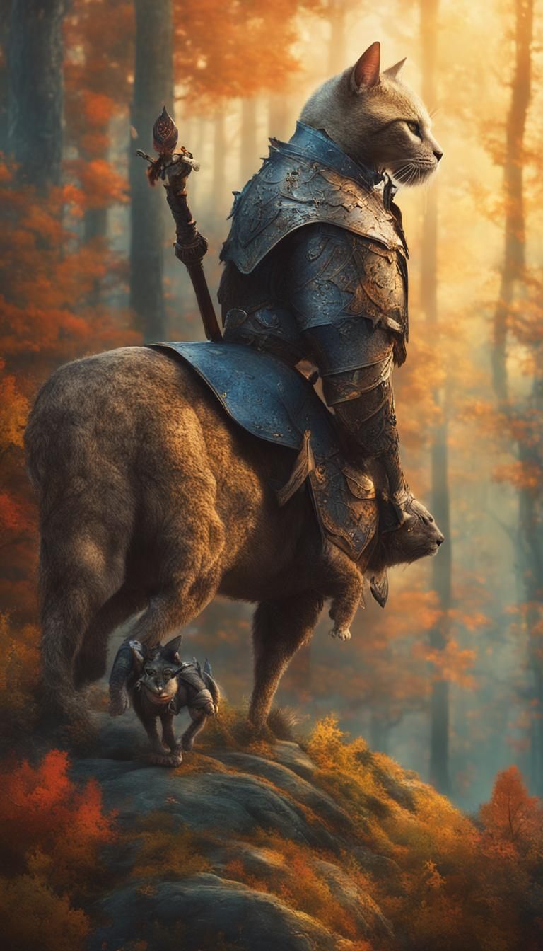 Cat Knight Arthur in a Whimsical Fantasy Forest