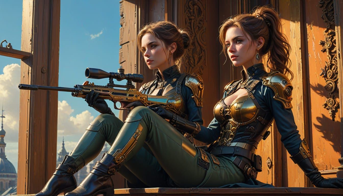 Beautiful steampunk female sniper in a black high-cut corset, high heels, elegant earrings, and a neat bun, sits confide...