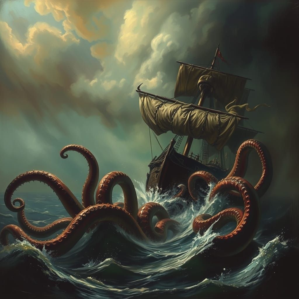 Kraken Devouring Pirateship in Dark Fantasy Style