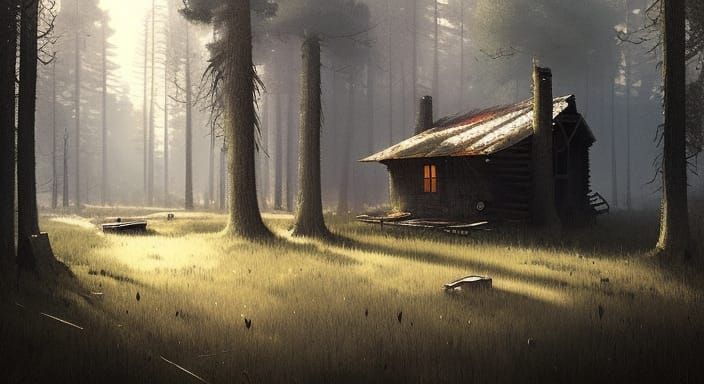 Sinister Forest Cabin in Fantasy Art Style