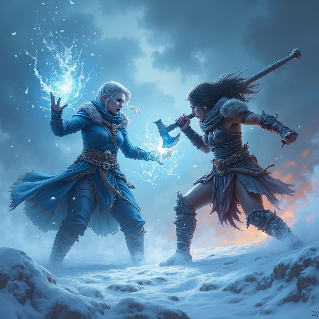 Fantasy Duel: Ice Mage vs. Berserker in Snowy Landscape