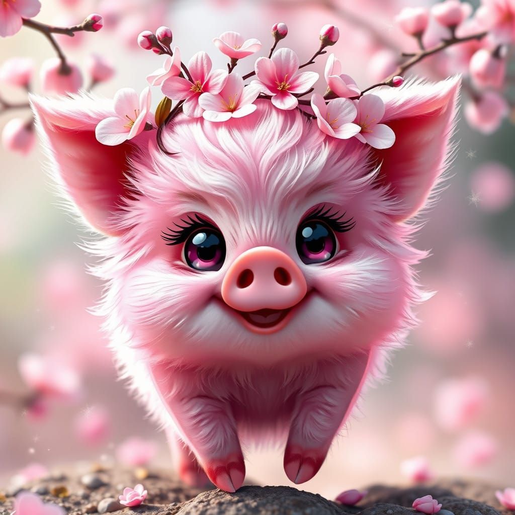 Whimsical Pink Piglet in a Floral Crown