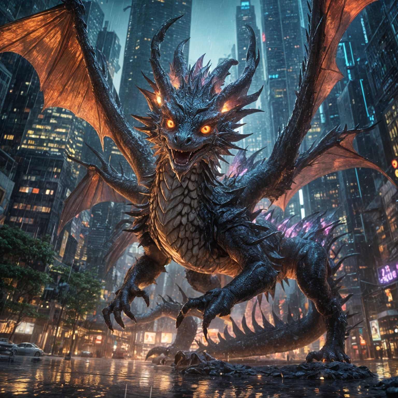 Cyberpunk Dragon in a Stormy Cityscape