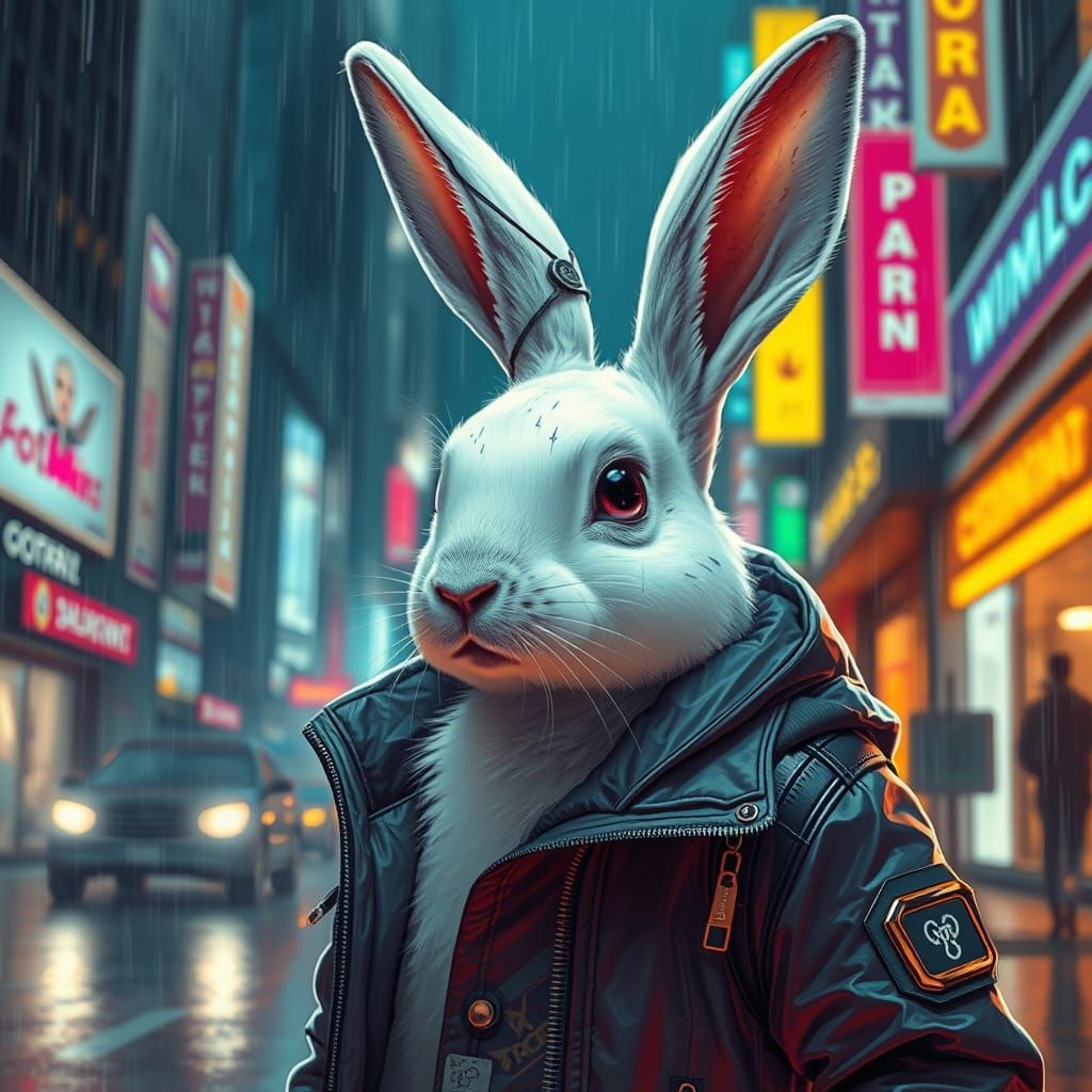 Cyberpunk White Rabbit Stands Tall Under Neon Skies