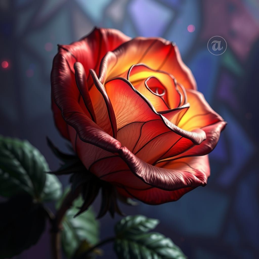 Detailed Stained Glass Rose in Fantasy Style