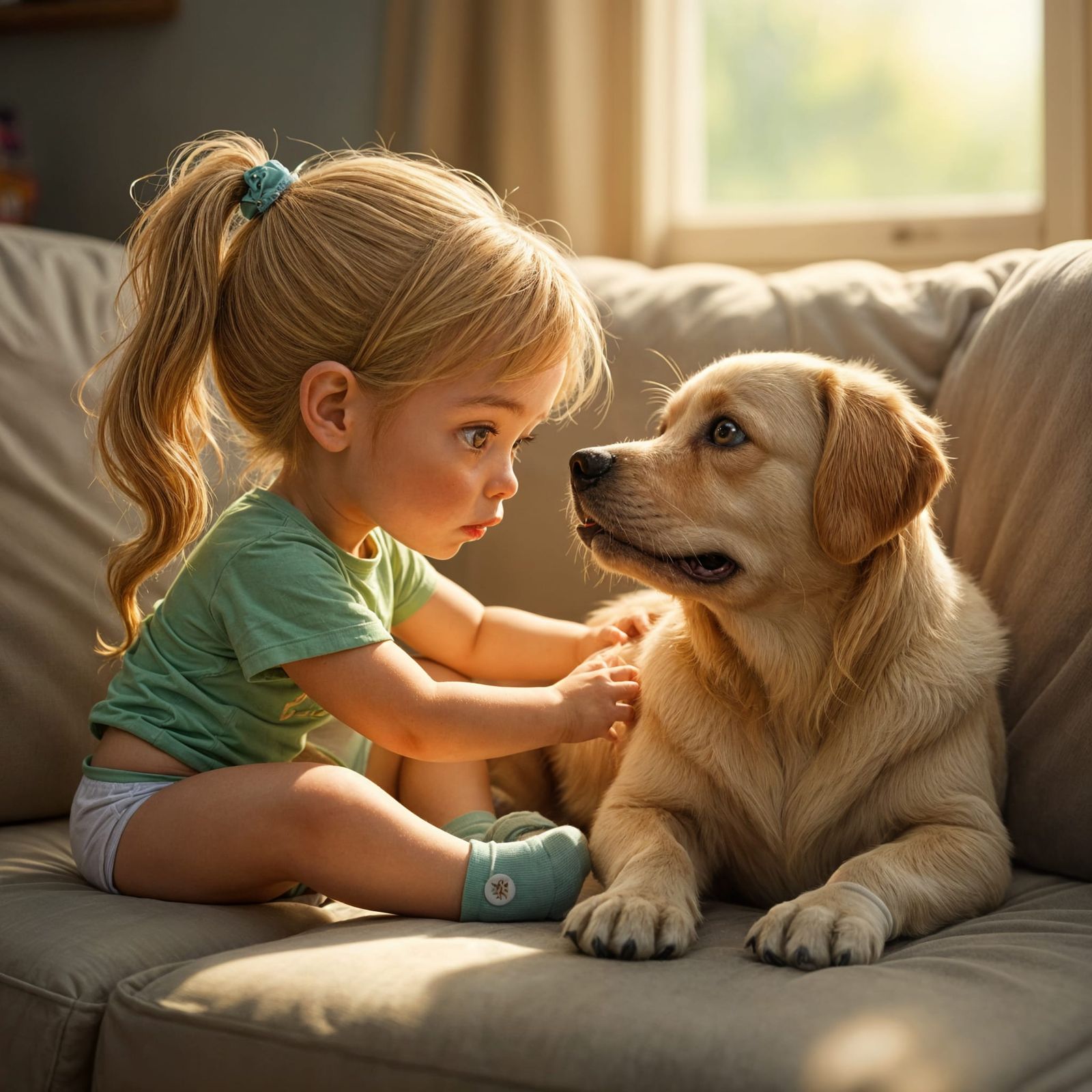 Baby girl petting her dog. with the dog holding back from li...