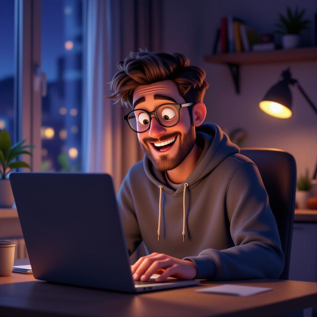 Happy Man Working Late in Cozy Apartment, Pixar Style