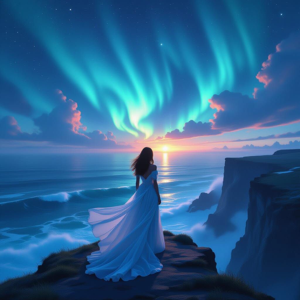 Woman on Cliff Overlooking Bioluminescent Ocean Under Aurora