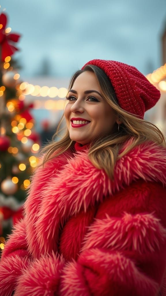 Joyful Woman in Fur Trimmed Christmas Attire