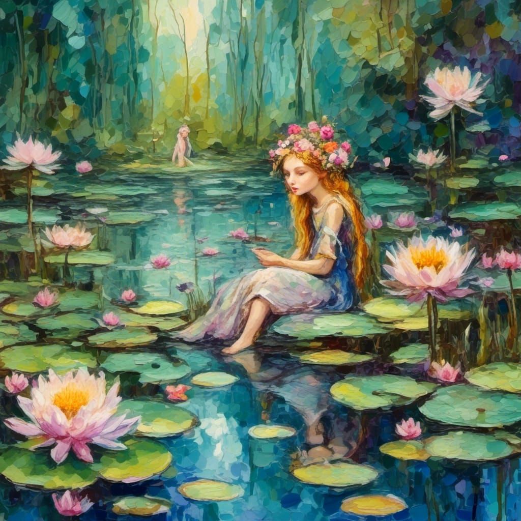 Fairies by Lily Pond in Gouache Style