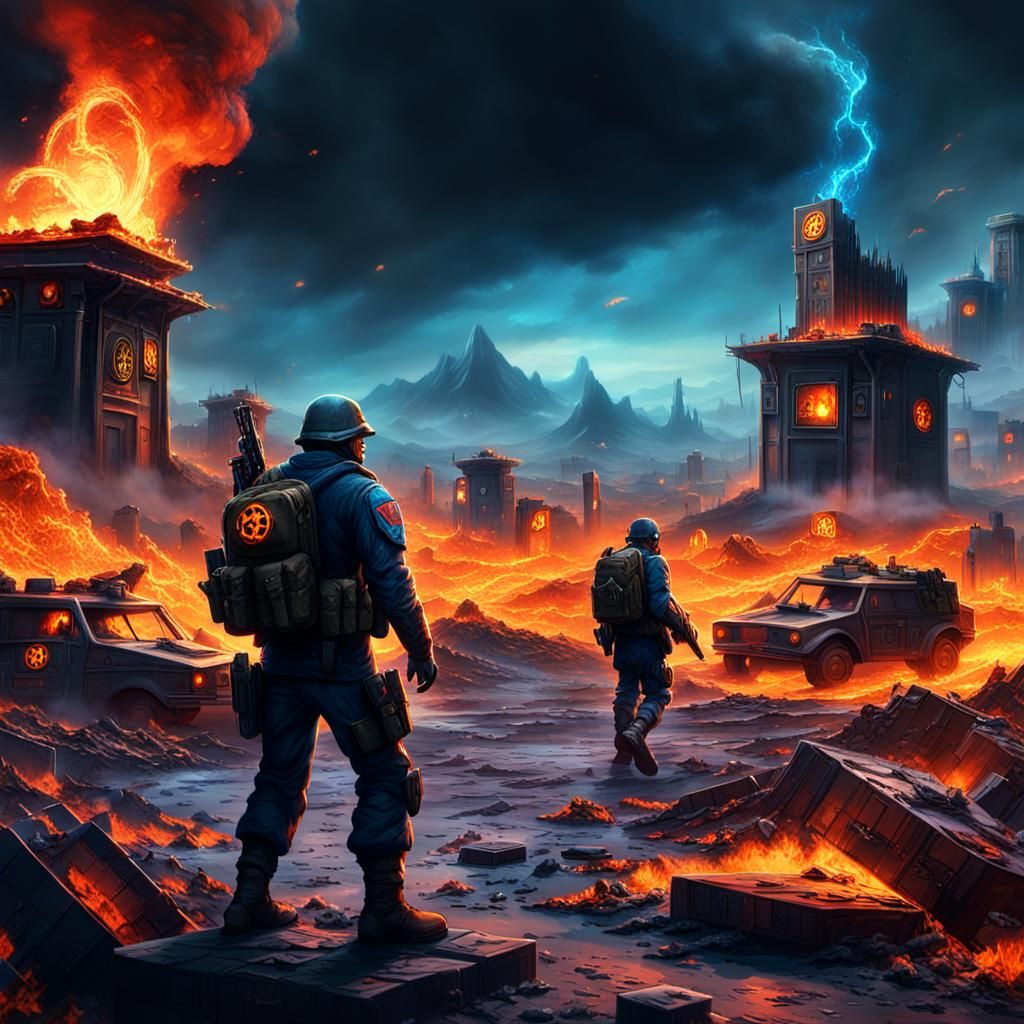 Soldiers Discover Bitcoin in Burning Landscape, Fantasy Art