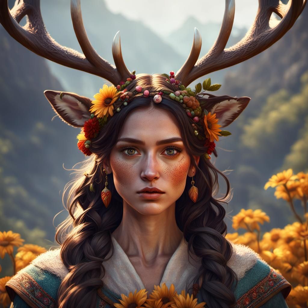 Young Woman with Deer Antlers and Flowers