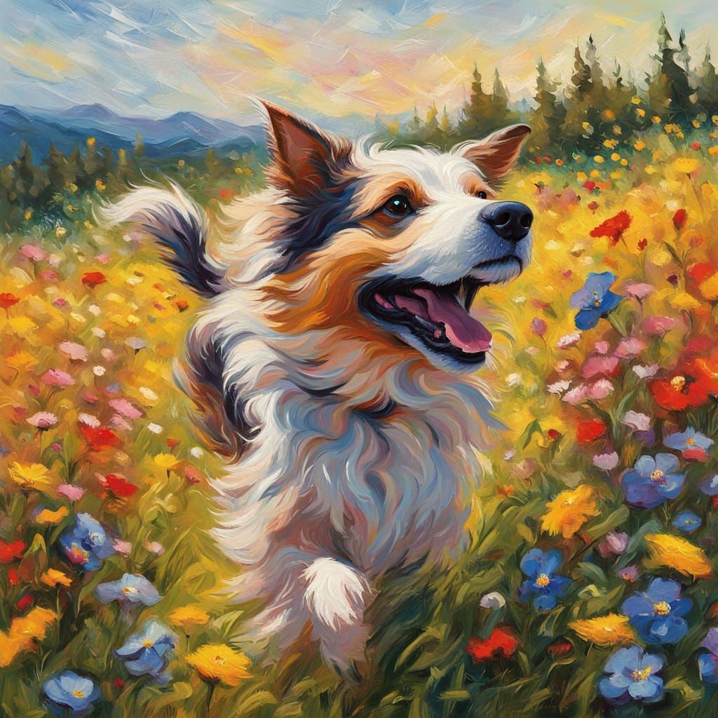 Joyful Dog Dancing in Wildflower Meadow, Post-Impressionist ...
