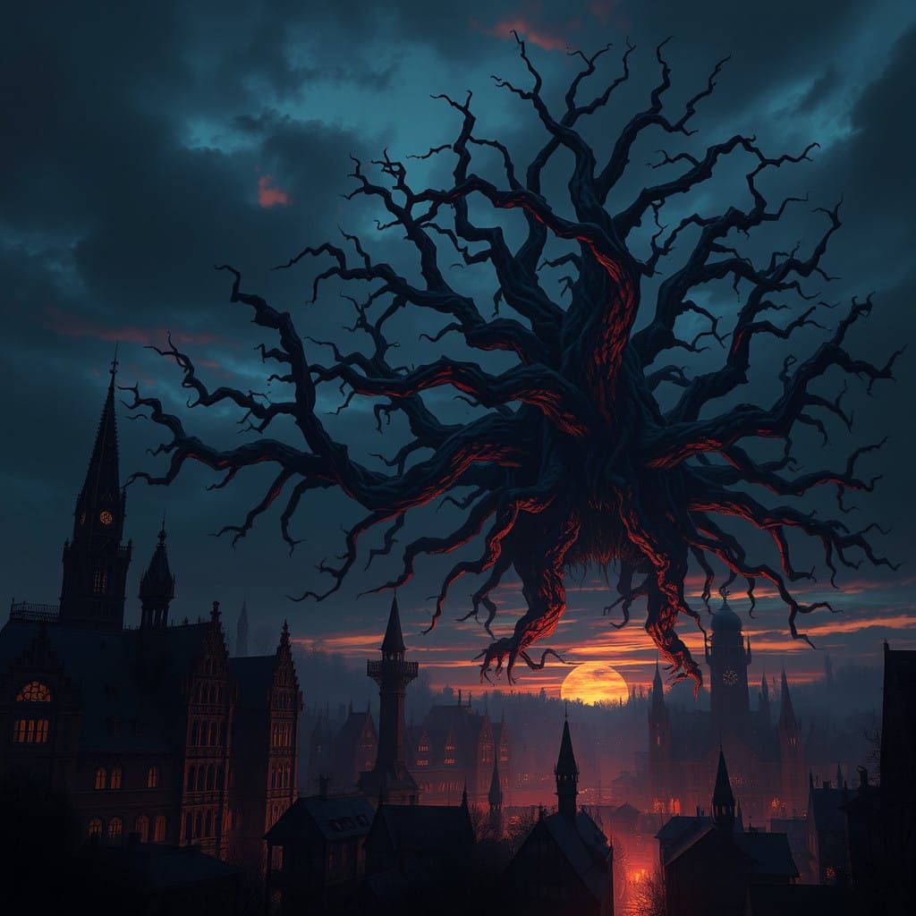 Surreal Gothic Metropolis at Dusk with Towering Tree