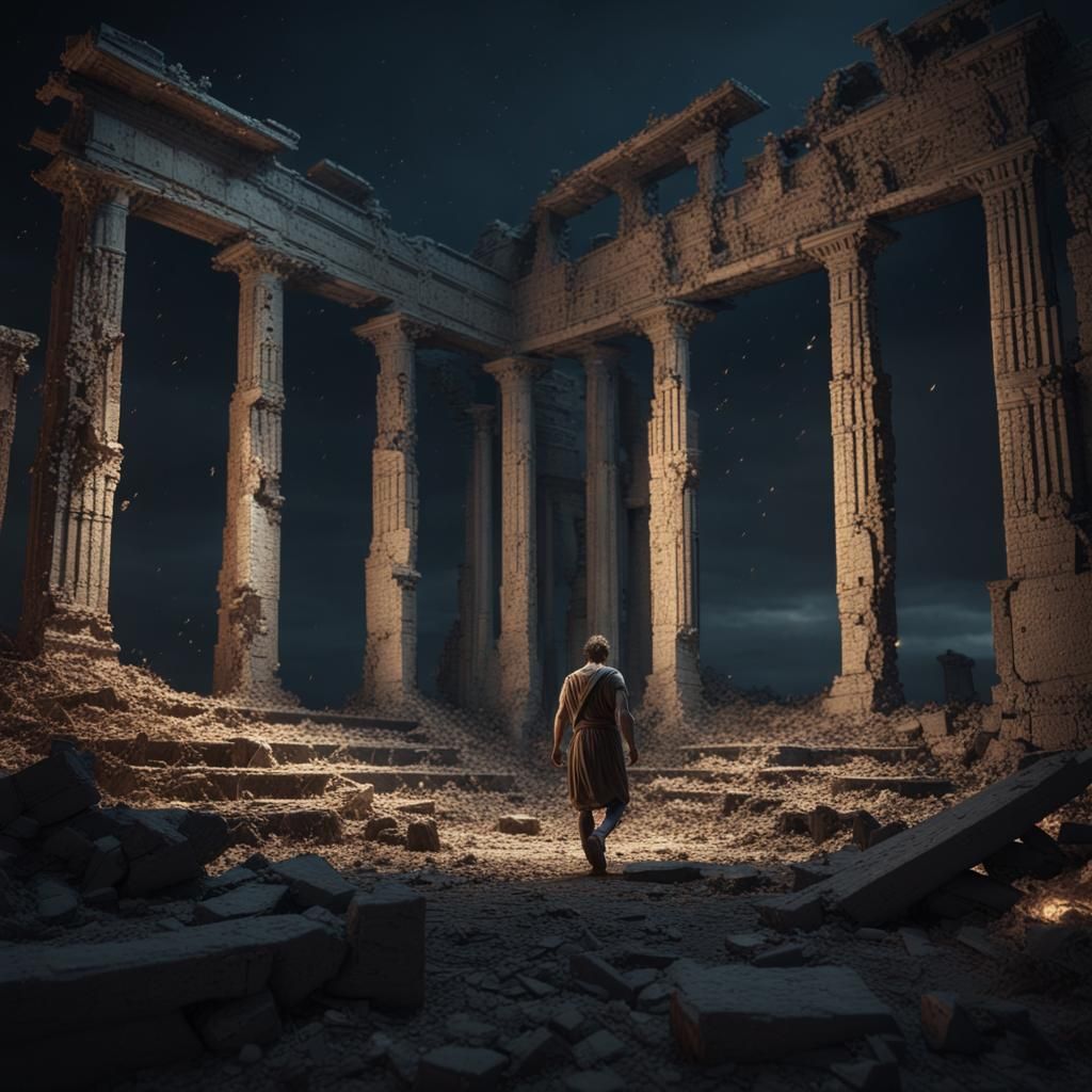 Greek stoicism philosophy, cinematic, 8k, dark background, man walking through abandoned ruins at night, perfect co...