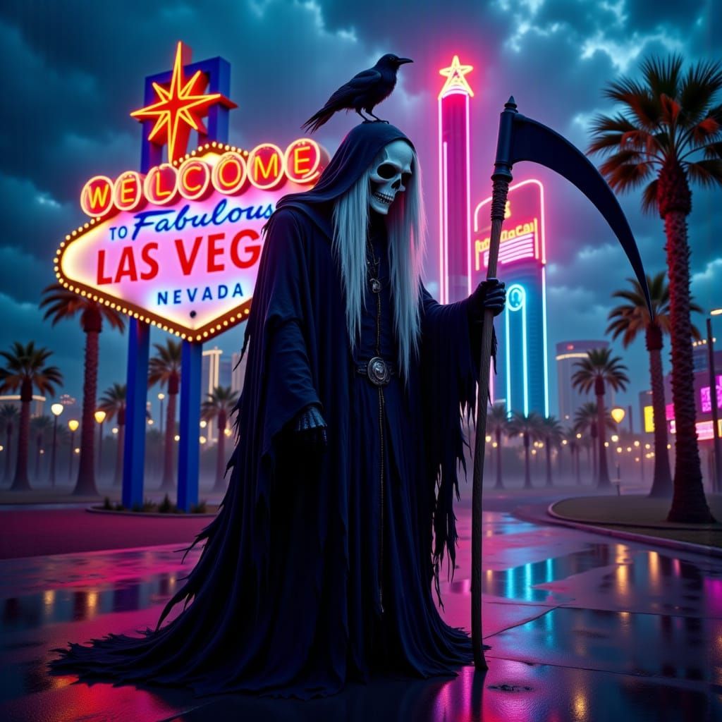 Grim Reaper in Neon Paradise, Inspired by Dark Gothic and Cy...