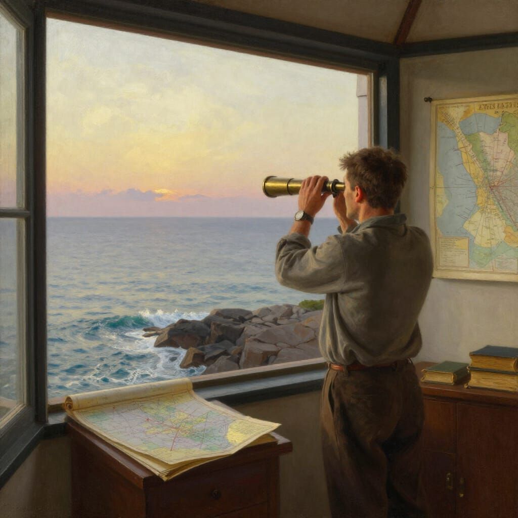 Lighthouse Keeper Polishing Telescope at Dawn