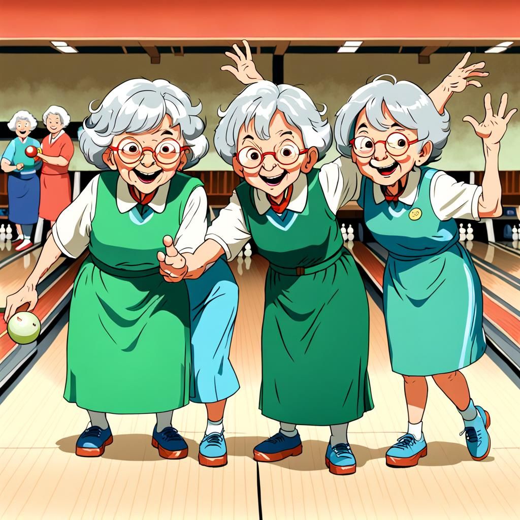 Jolly Grannies Bowling in Ghibli Cartoon Style