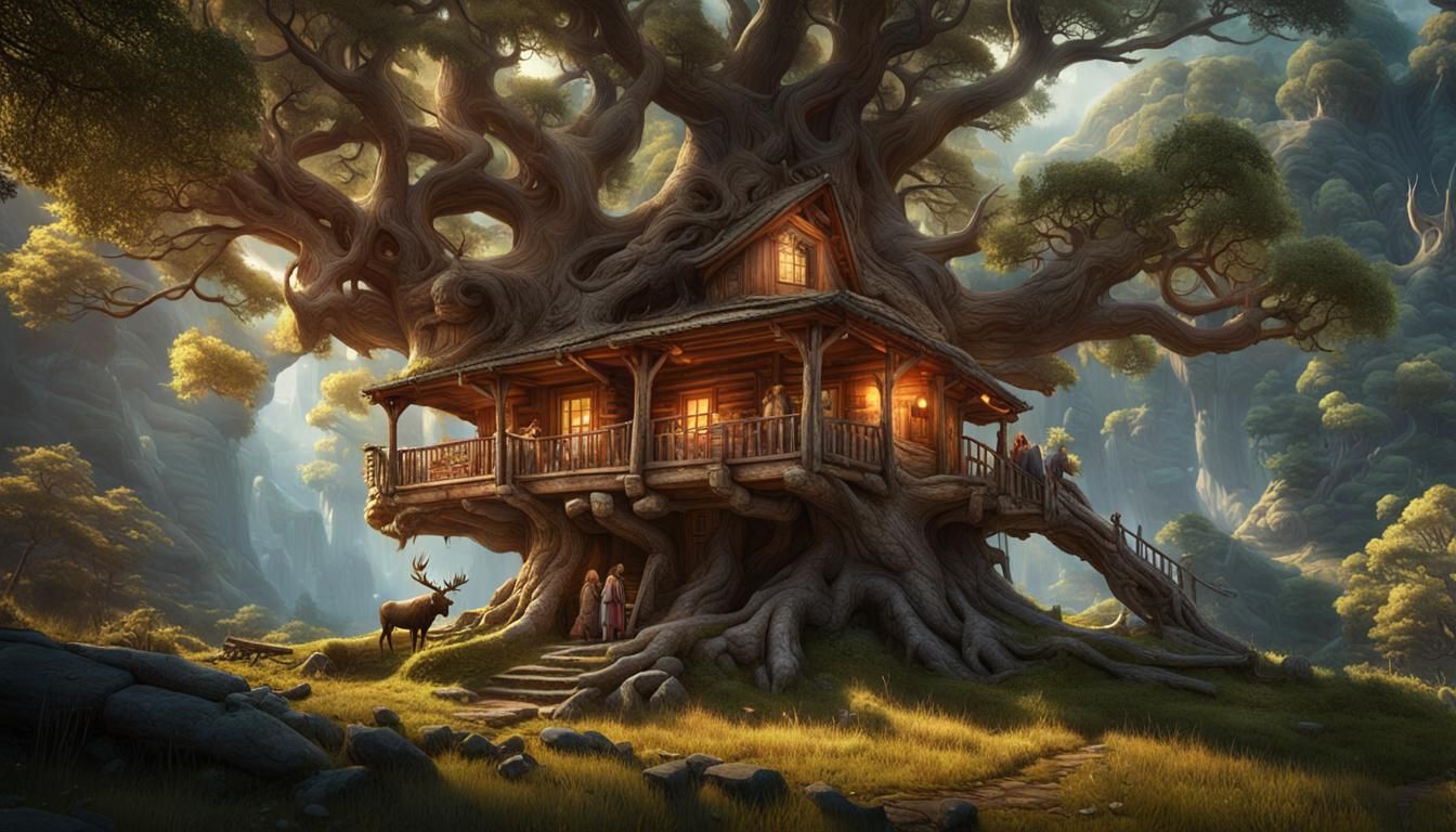 Log Cabin in Giant Tree, Digital Matte Painting