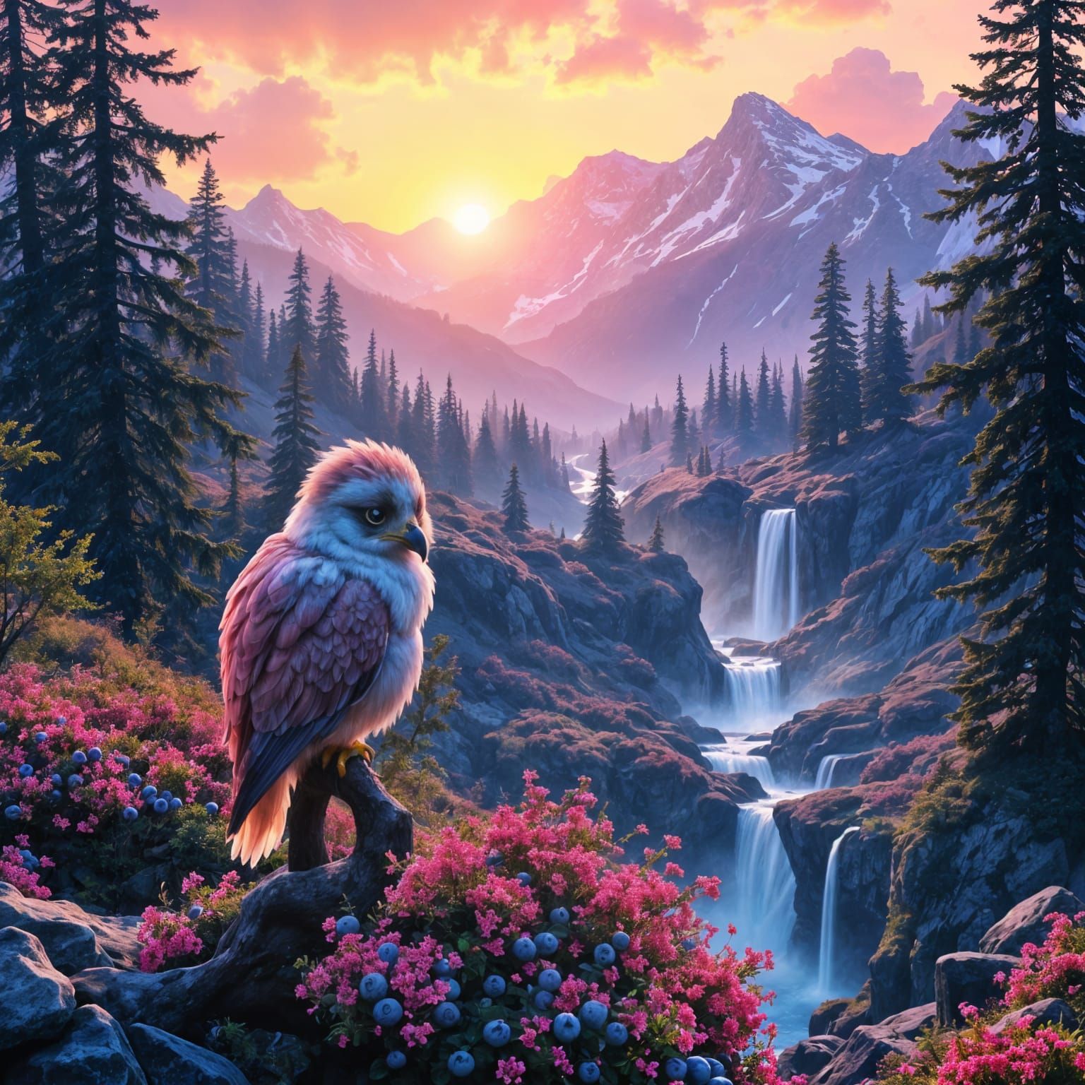 Cute Fluffy Falcon Hawk in Mountain Valley Sunset