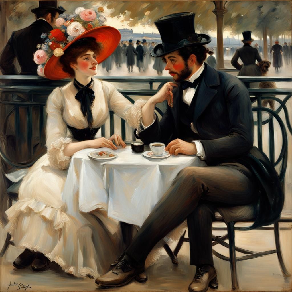 Lovers at Parisian Cafe in Sargent-Inspired Style