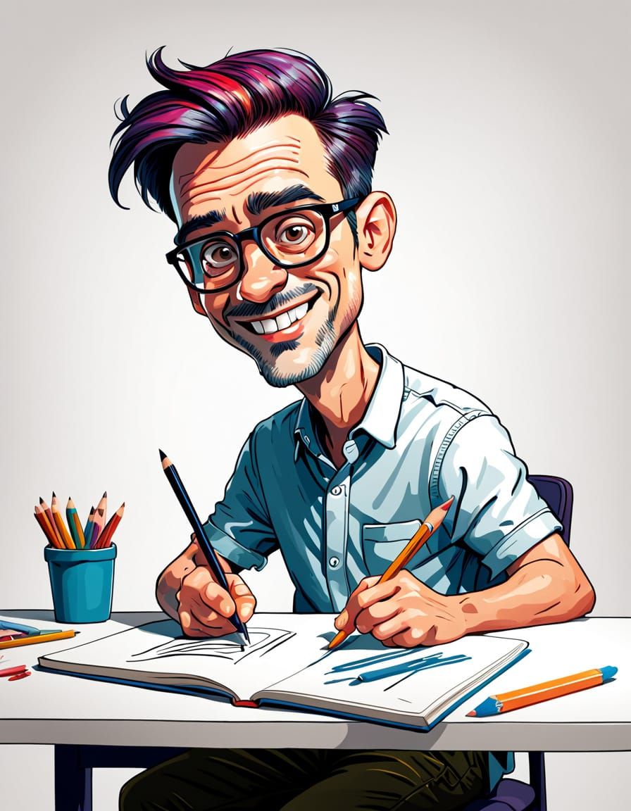 Vibrant Cartoon Artist at Work in Exaggerated Caricature Sty...