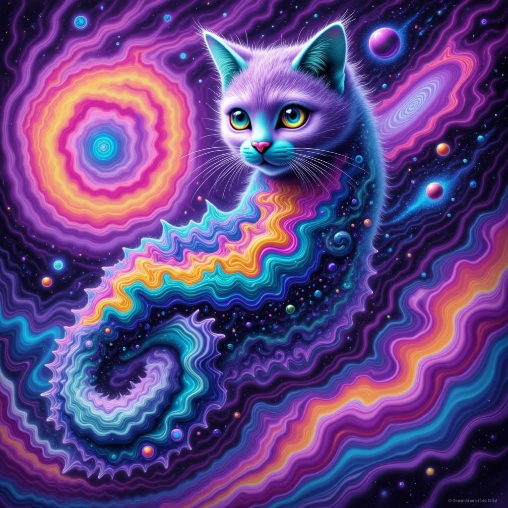 Psychedelic Cosmic Cat Floating in Galaxy