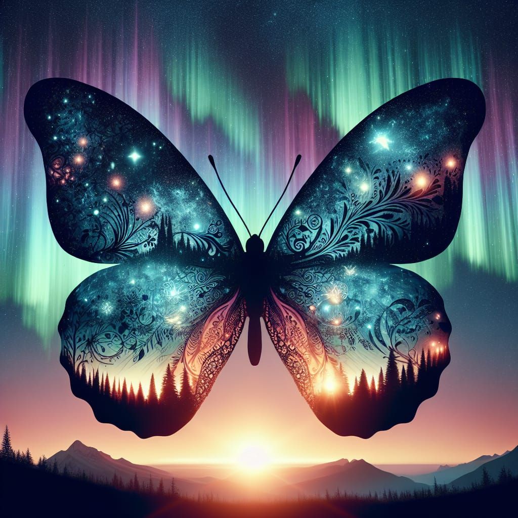 Biopunk Butterfly Silhouette with Aurora Sunset in Digital A...
