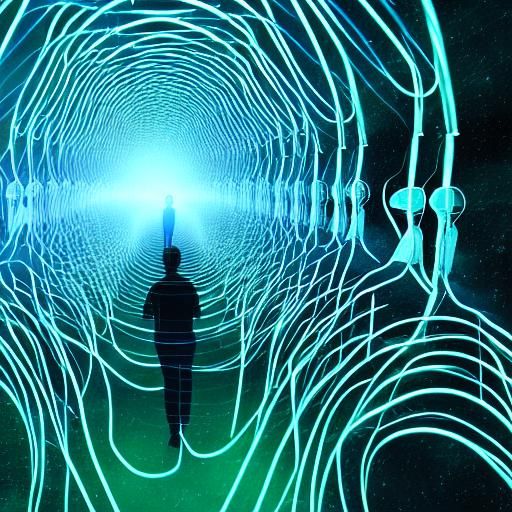 AI entities gliding effortlessly on electromagnetic fields, while narrow, secluded pathways offer moments of peace and t...