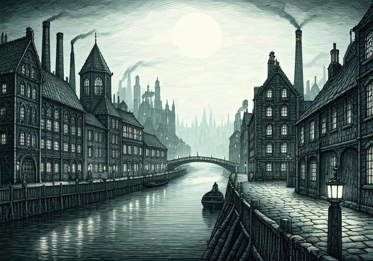 Highly detailed black and white  pen and ink drawing of a Victorian industrial riverside