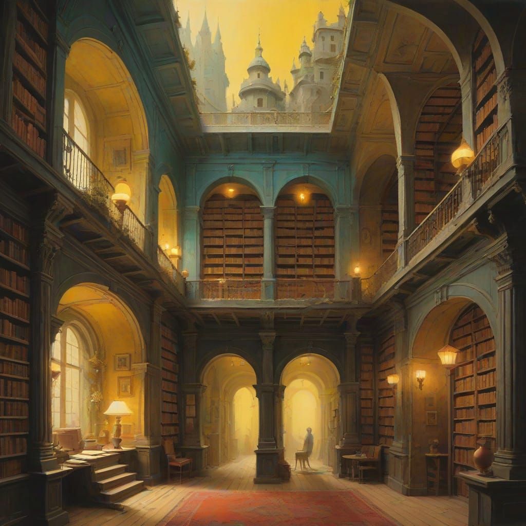 Infinite Library of Wonders in Surreal, Dreamlike Aesthetic