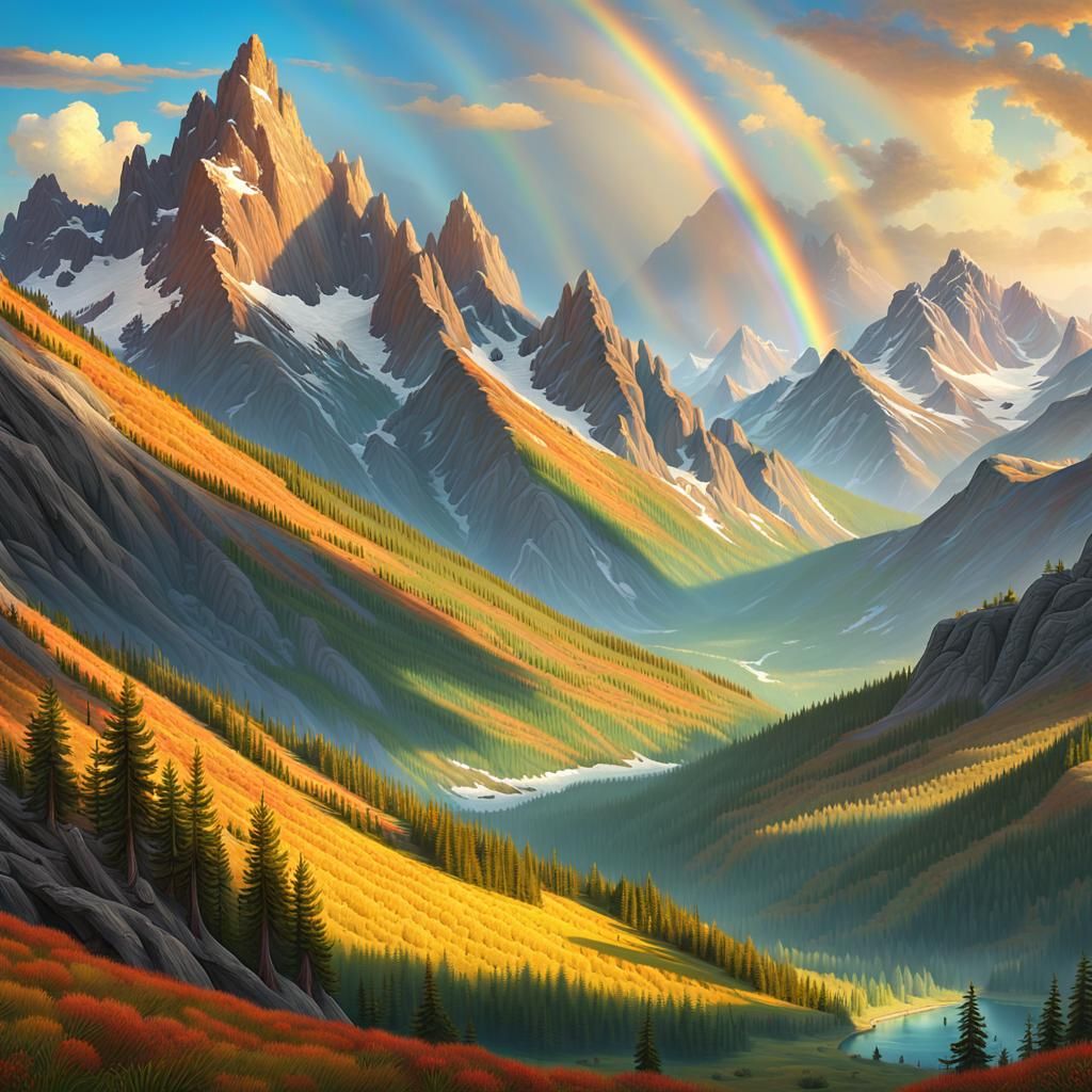 Rainbow Over Mountains in Bierstadt Style